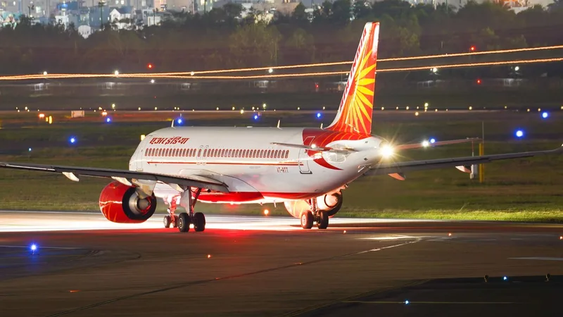 An aircraft on the apron at an international airport at night
