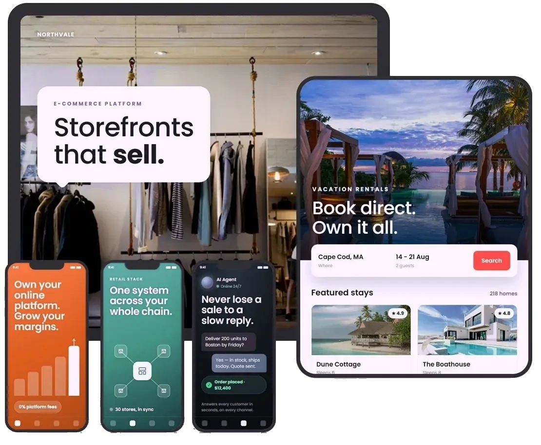 Custom software built by Silex: a B2B e-commerce storefront and a vacation rental booking site on tablets, with retail POS, multi-store and AI sales agent apps on phones